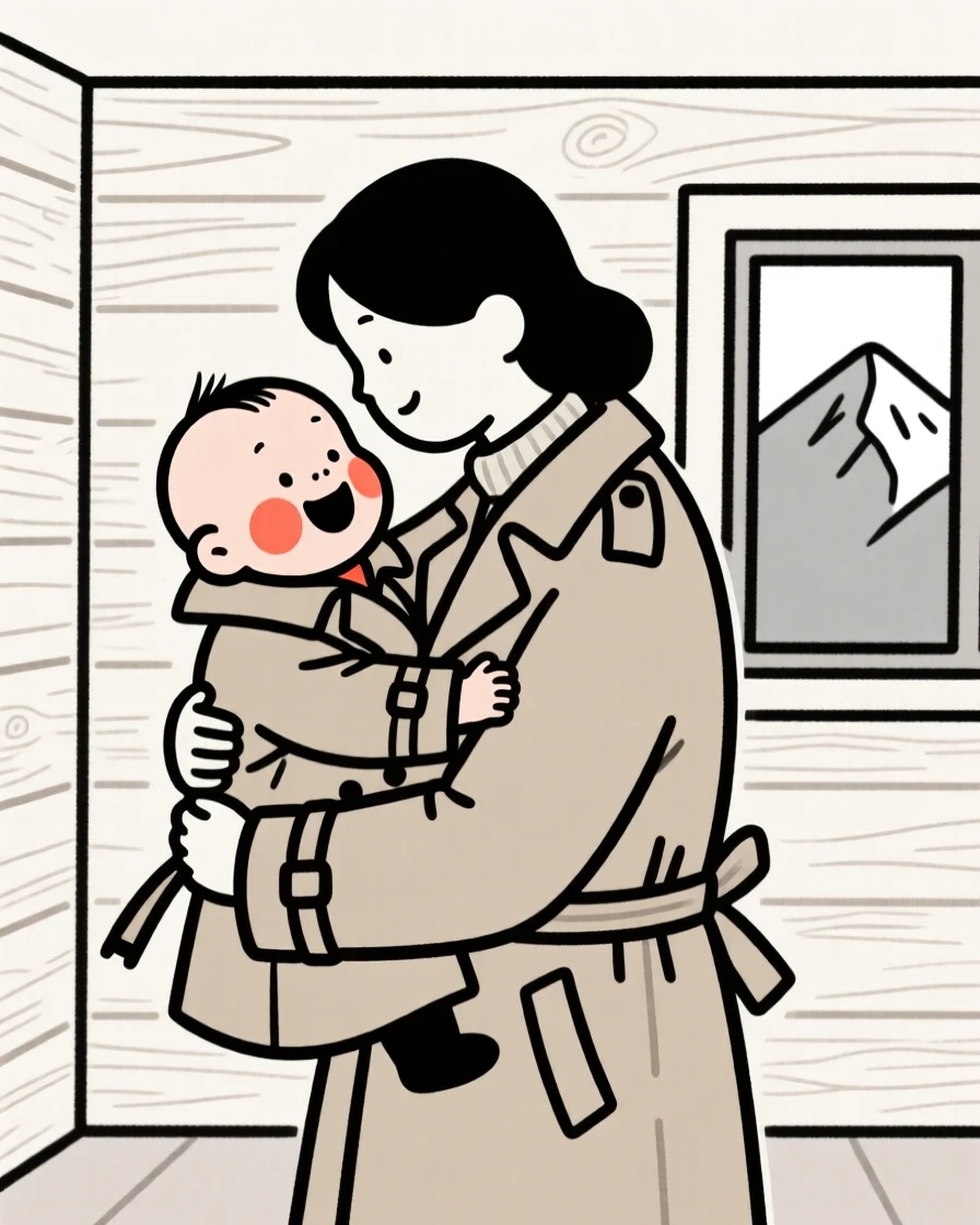 A giggling infant of Mongolian heritage in a vintage-inspired trench coat, sharing a tender embrace, in a mountain cabin.