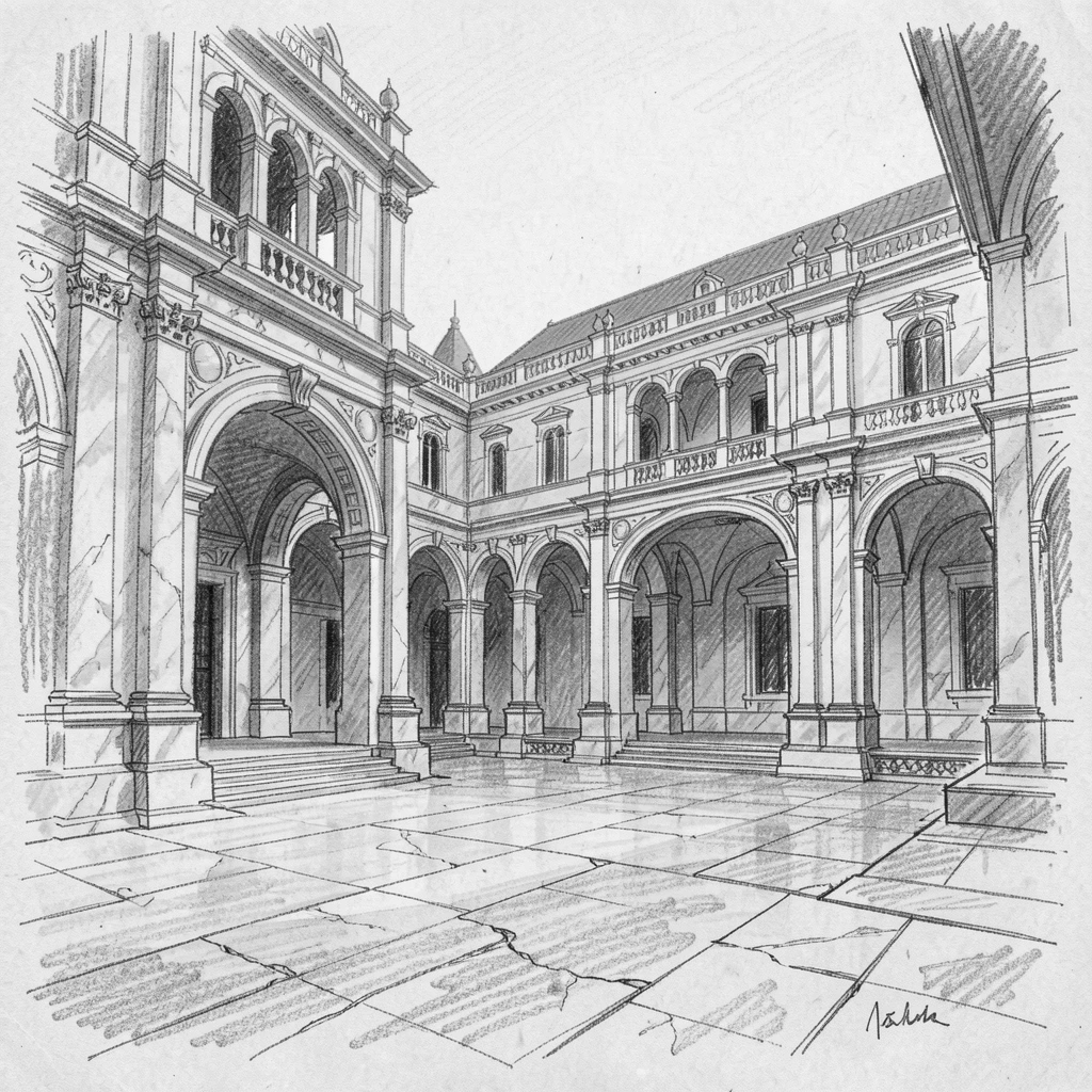 Sweeping architectural view of a grand marble palace courtyard, at golden hour, with centuries-old stonework weathered by time.