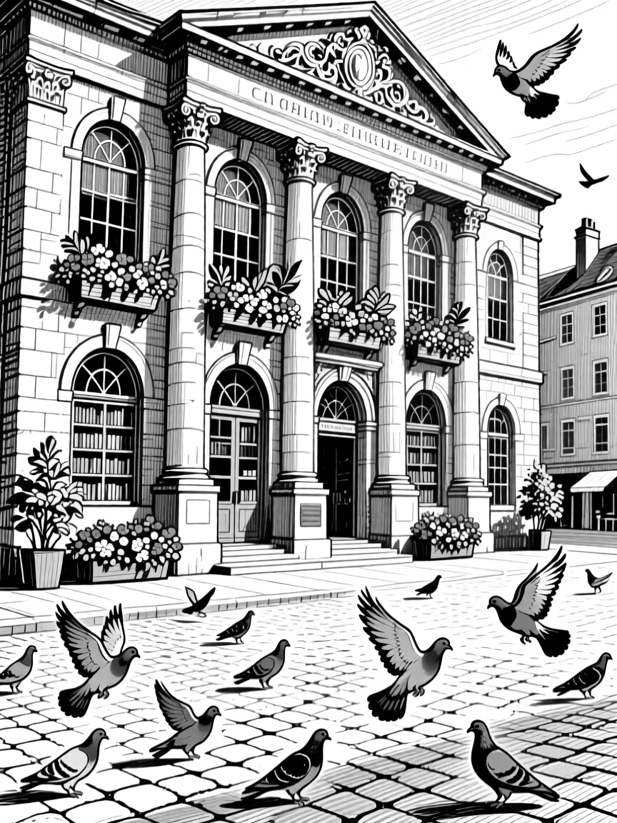 A grand old library reading room as pigeons scatter across the square, featuring flower boxes lining every window, rendered in an awe-inspiring architectural composition.