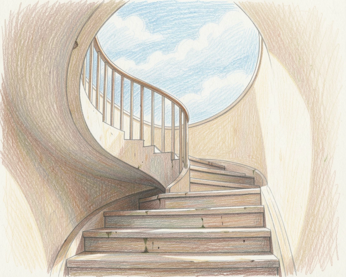 A spiral staircase bathed in soft light leading toward an open sky, framed to draw the eye toward quiet, open space, celebrating stillness, simplicity, and inner peace.