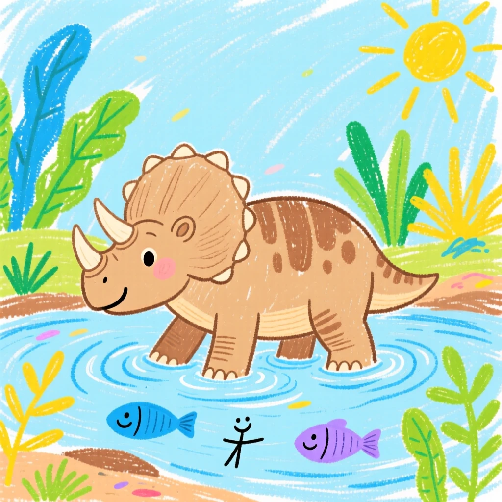 A young Triceratops wading through a shallow prehistoric river.