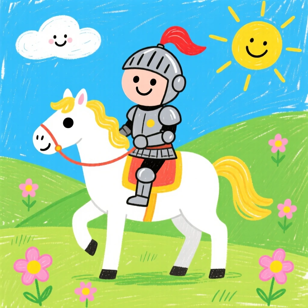 A brave knight riding a white horse across a green valley.