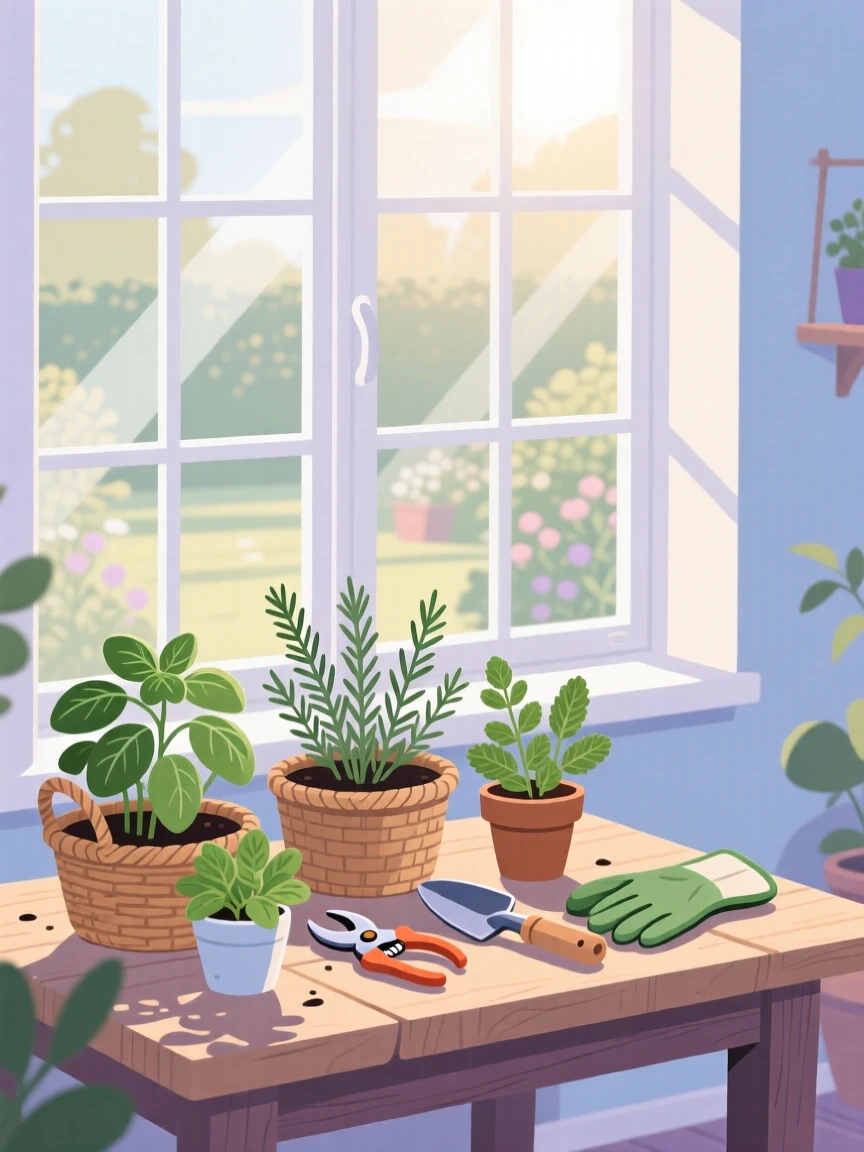 A weekend gardening session with fresh herbs being harvested, placed near a large window with morning light streaming in, composed with a relaxed, candid feel, with gentle pastel tones evoking calm and comfort.