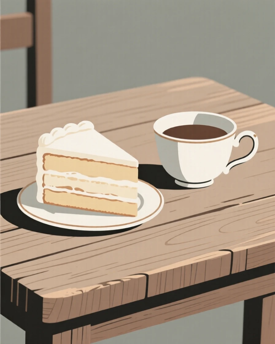 A close-up of slice of layered cake arranged beside a vintage teacup in a rustic wooden table, full of festive celebration.