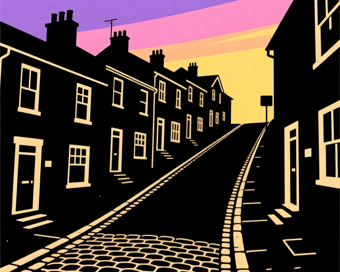 A row of terraced houses climbing a steep cobblestone street.