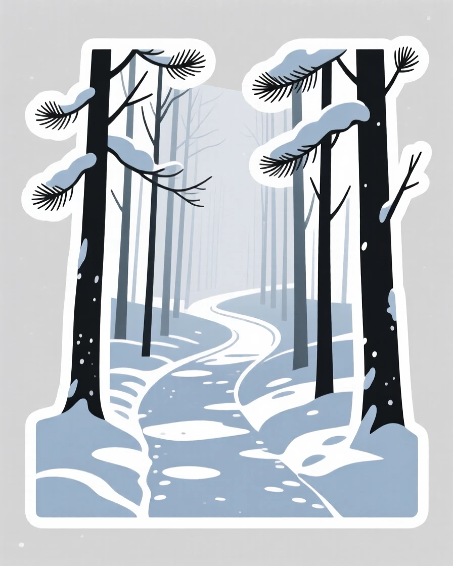 A peaceful quiet forest path dappled with sunlight, dusted with a light layer of fresh snow, untouched and wonderfully quiet.