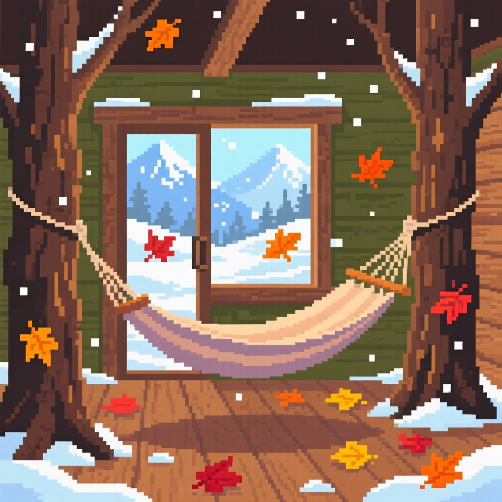 A hammock between two trees scattered with autumn leaves blown in from outside, inside a snowbound mountain cabin.