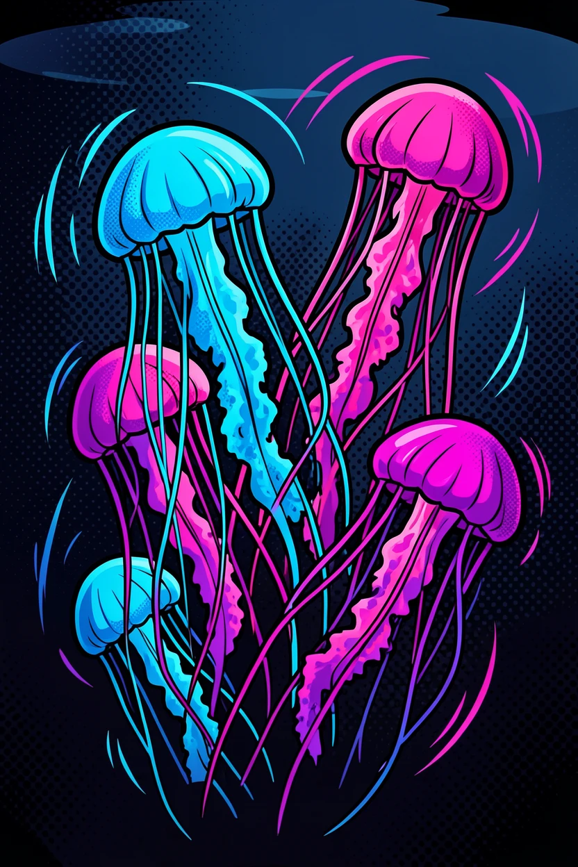 A cluster of lit jellyfish drifting in a dark aquarium tank