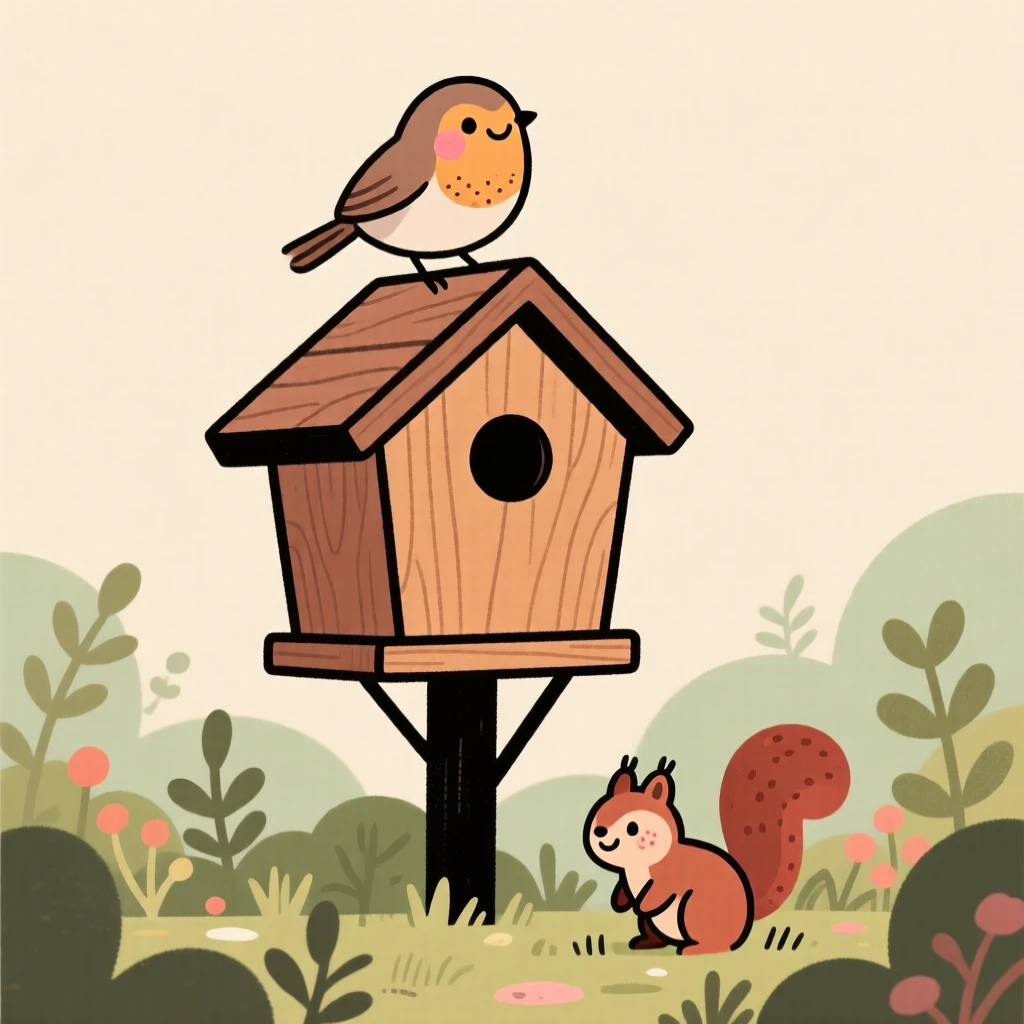 A robin perches on a wooden birdhouse, watching the garden below while a squirrel moves quietly through the underbrush below.