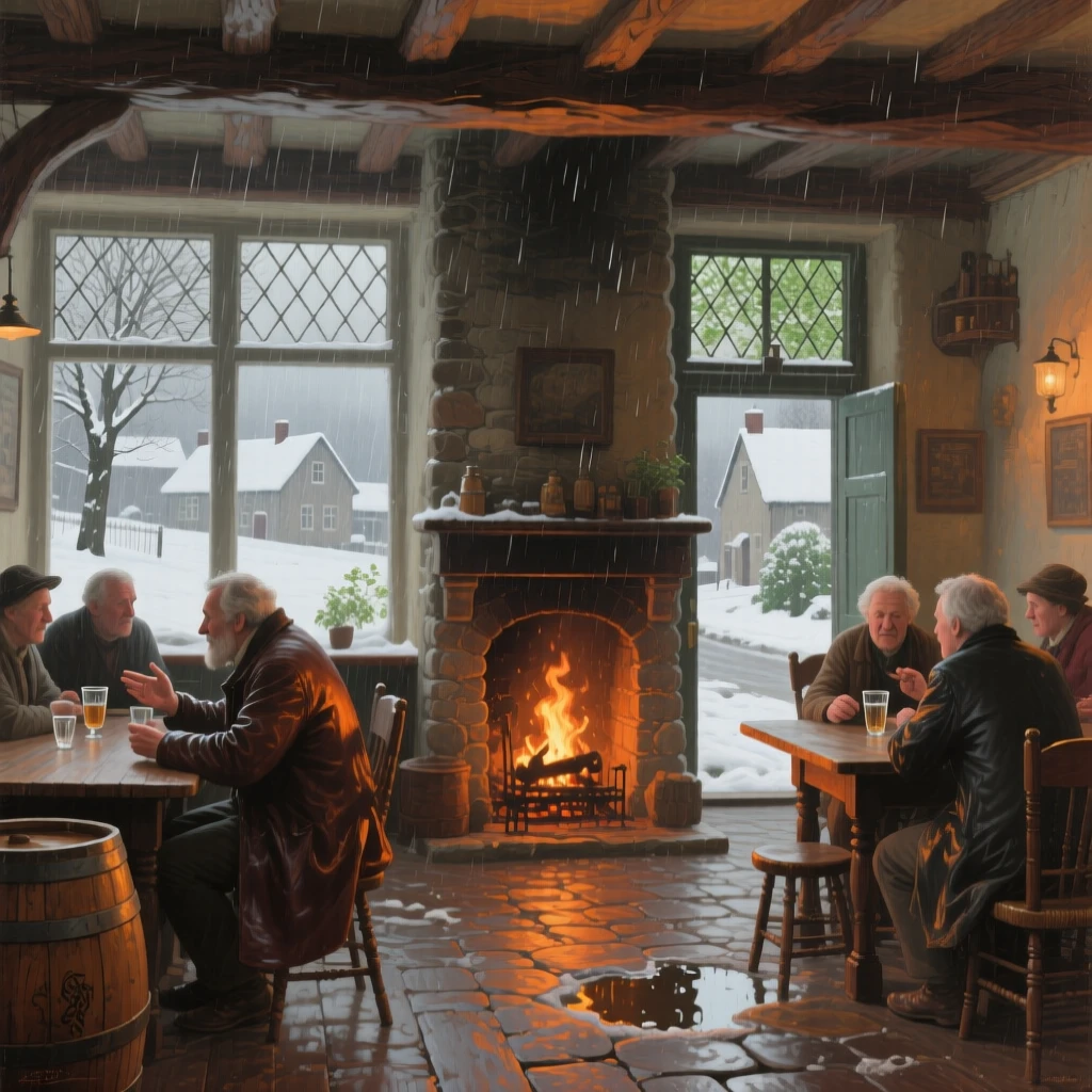 An expansive vista of a village pub with a roaring fire and patrons sharing stories, under a fresh blanket of winter snow, during a gentle spring shower.