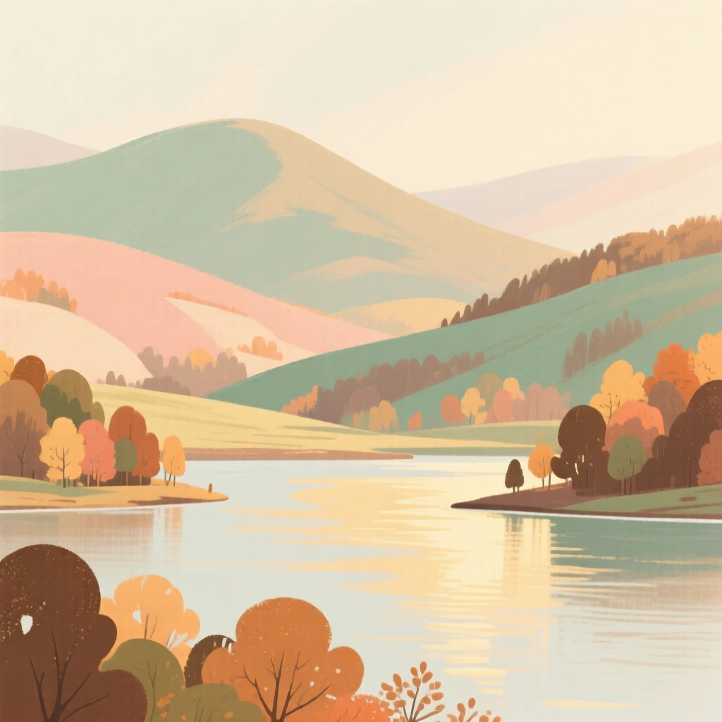 A sweeping vista of autumn-colored hills surrounding a quiet lake