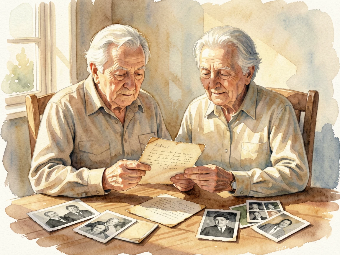Grandparents reading letters from old photographs together as golden light bathes the scene.
