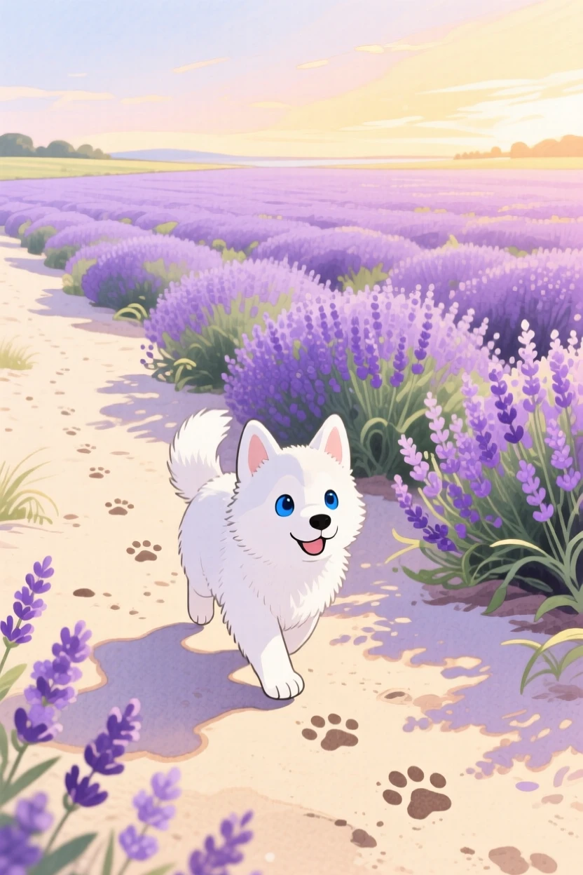 A snow-white husky puppy following a trail of paw prints across a beach, set in a lavender field stretching to the horizon, brimming with cozy comfort.