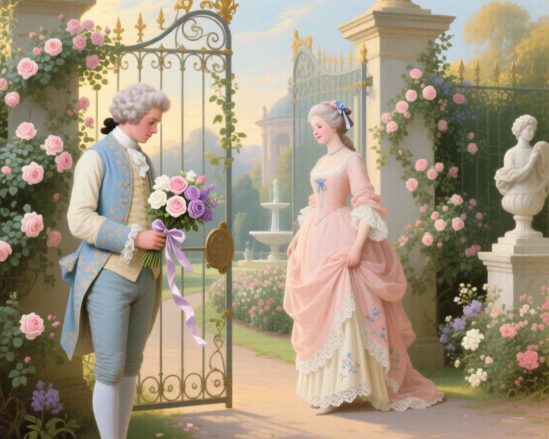 A shy admirer leaving flowers at a lady’s garden gate  