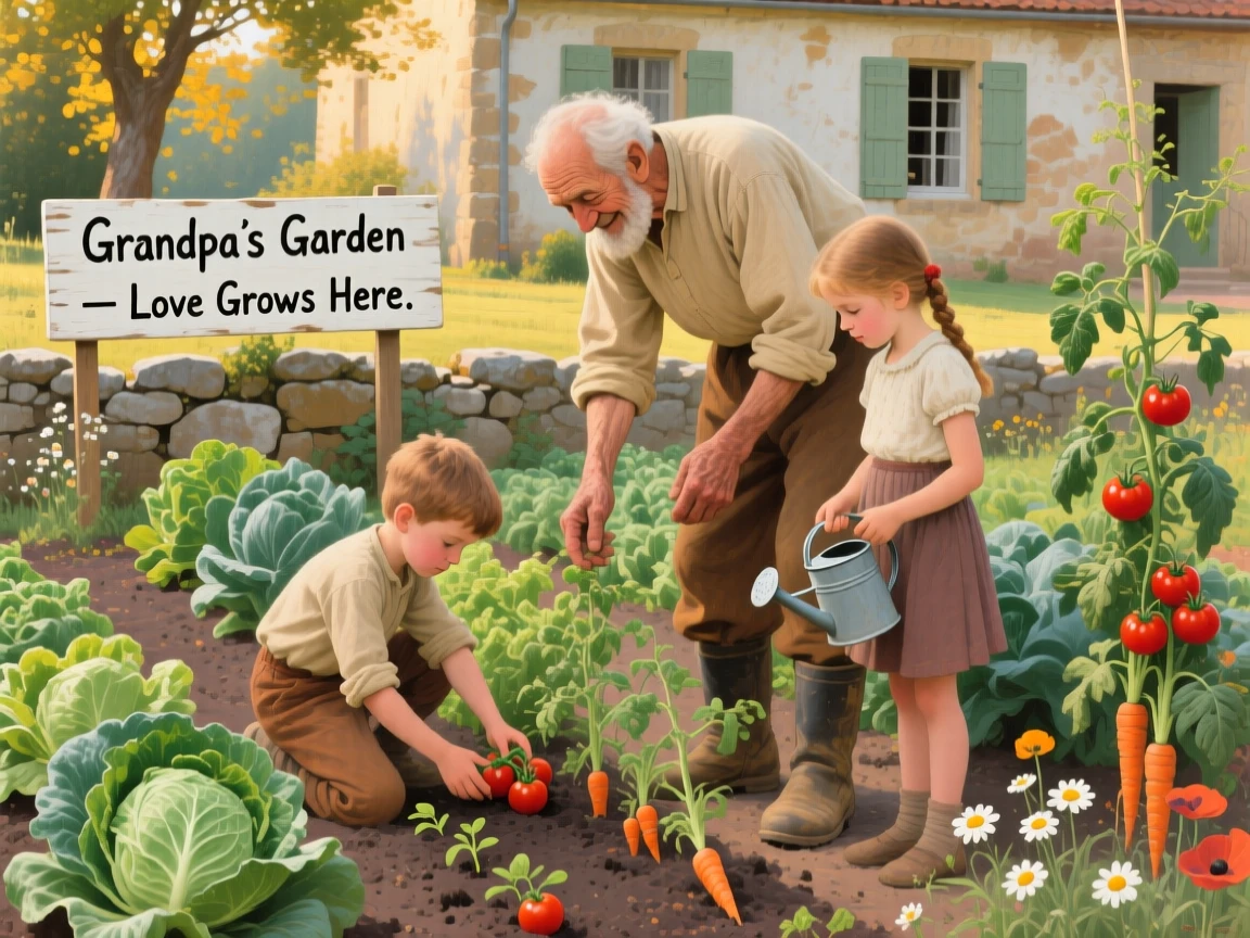 Children helping their grandfather tend a vegetable garden in early summer, with warm, inviting colors throughout the scene, designed to remind viewers of their own cherished family memories