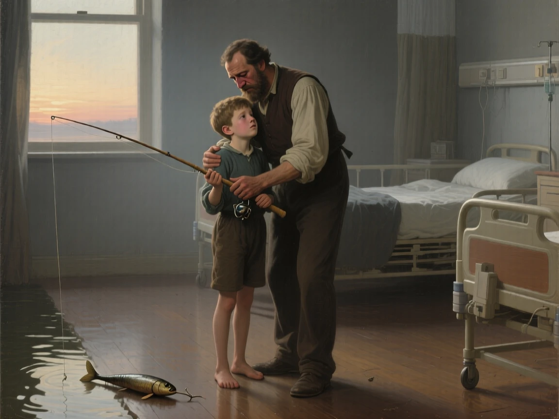 A father teaching his son to fish at the water's edge just as relief washes over every face, set in a dimly lit hospital ward at the edge of dawn, with trembling hands, tear-streaked faces, and a single dropped object forgotten on the ground; the two central figures are drawn close together in an intimate embrace, overflowing with tenderness, relief, and quiet triumph.