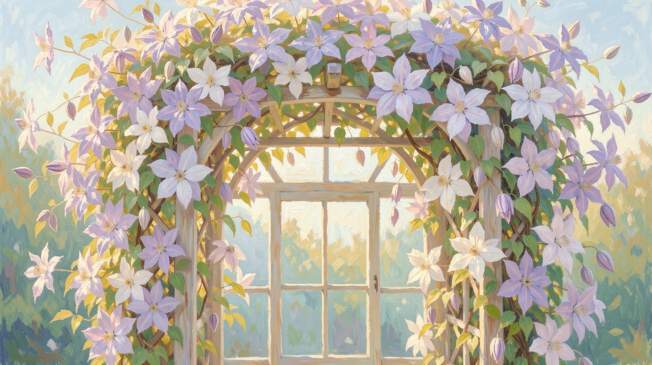A garden trellis heavy with blooming clematis in shades of purple and white.