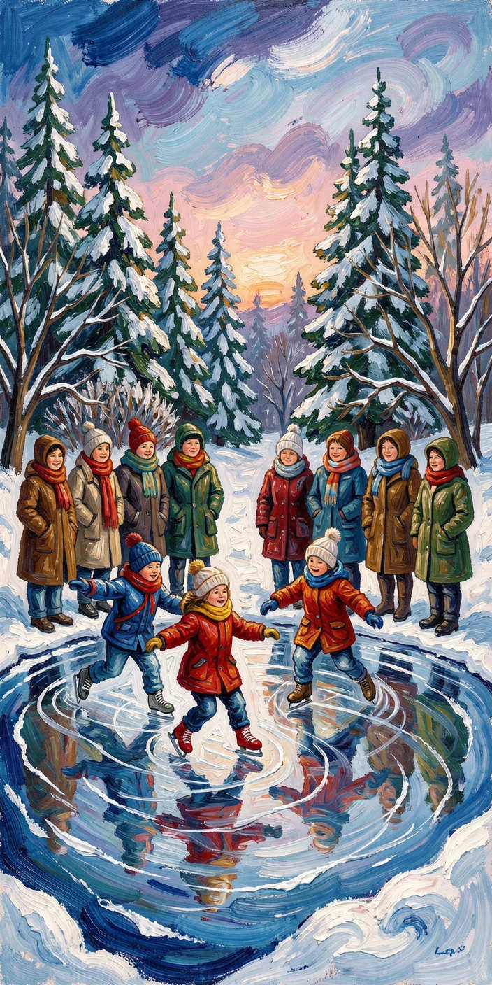 Children ice skating on a frozen pond as parents watch bundled in scarves nearby.