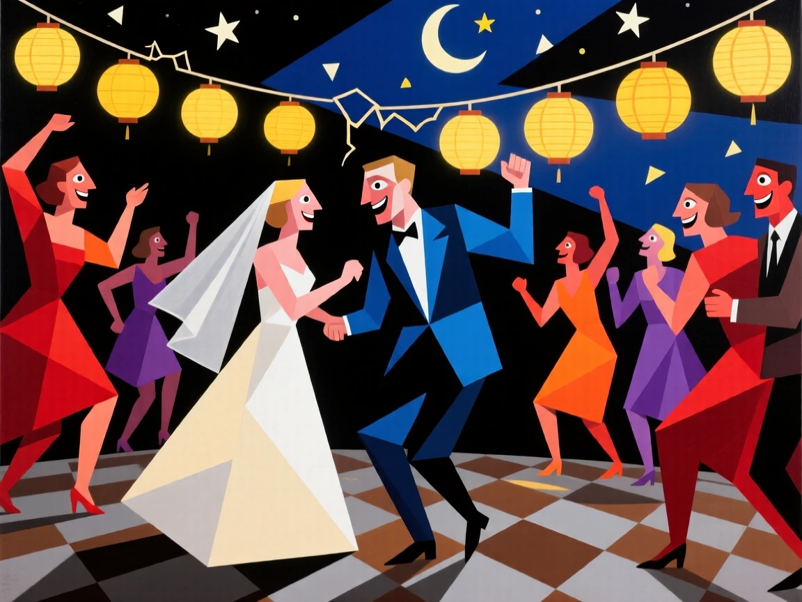 A wedding party dancing joyfully beneath a string of hanging lanterns at night.