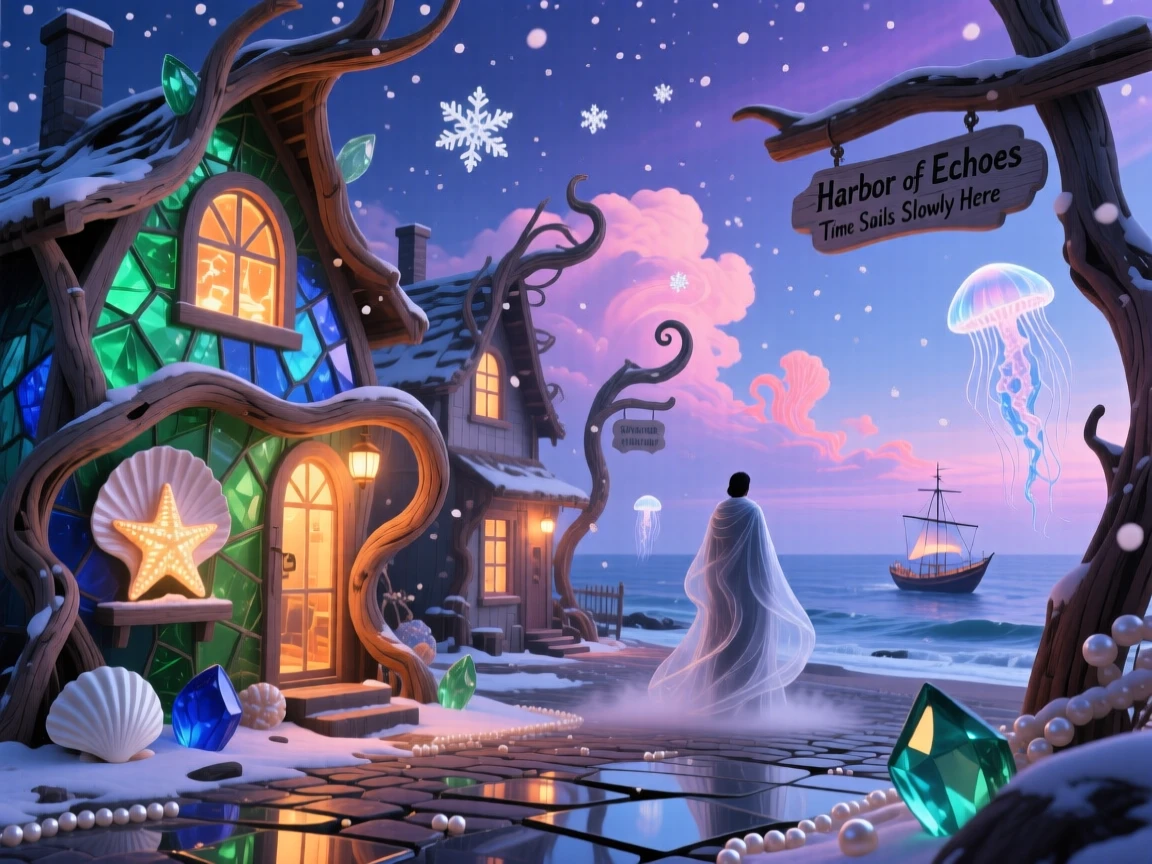 A seaside village built entirely from driftwood and sea glass glows warmly beneath a soft evening sky, as soft snow drifts silently past warmly lit windows.