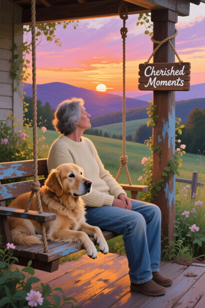 A loyal old dog rests its head on its owner's lap on a porch swing, both watching the sunset together in comfortable silence, its expression conveying a quiet intelligence as it surveys the world around it.