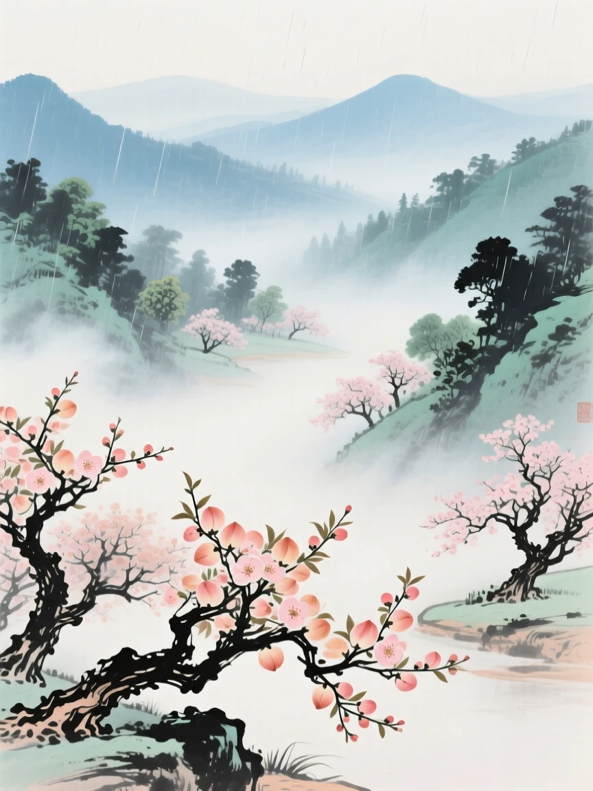 A hidden paradise valley of blossoming peach trees lost in the mist, beneath a sky washed clean by rain, as morning mist begins to lift.