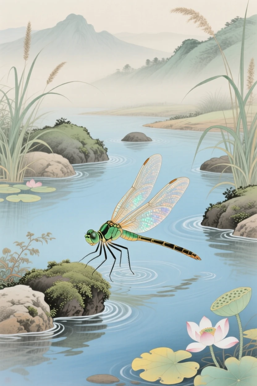 A dragonfly wading through a shallow mountain stream