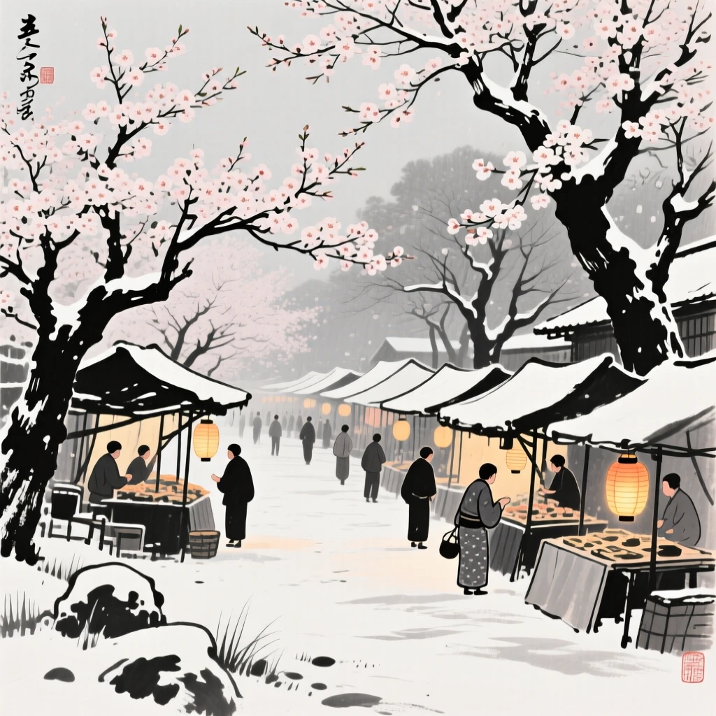 A spring morning market beneath blossoming trees within a snow-dusted garden, composed with warm lantern light glowing against a cool evening, carrying a joyful yet peaceful atmosphere.