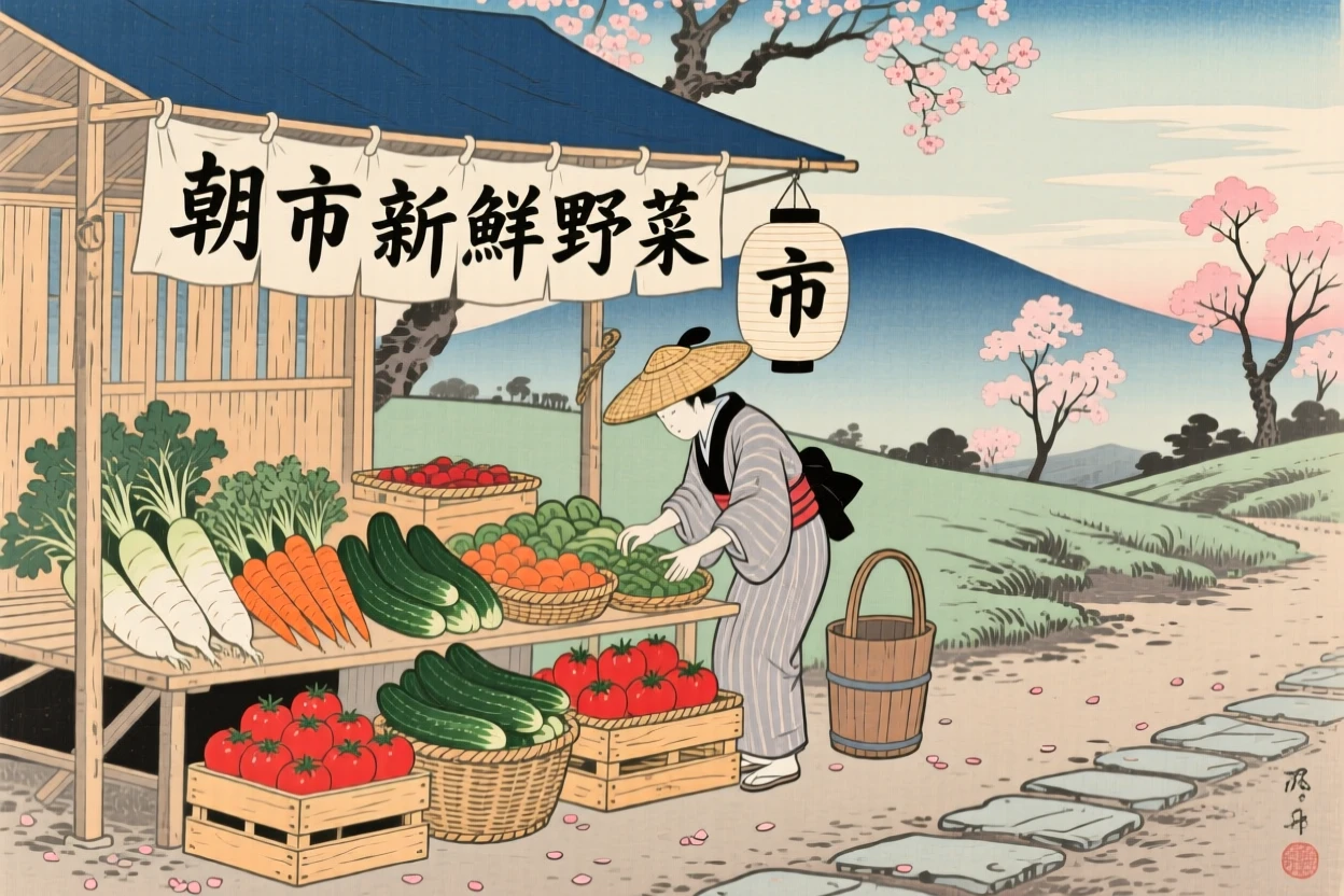 A farmers market stall arranging fresh produce at a morning market.