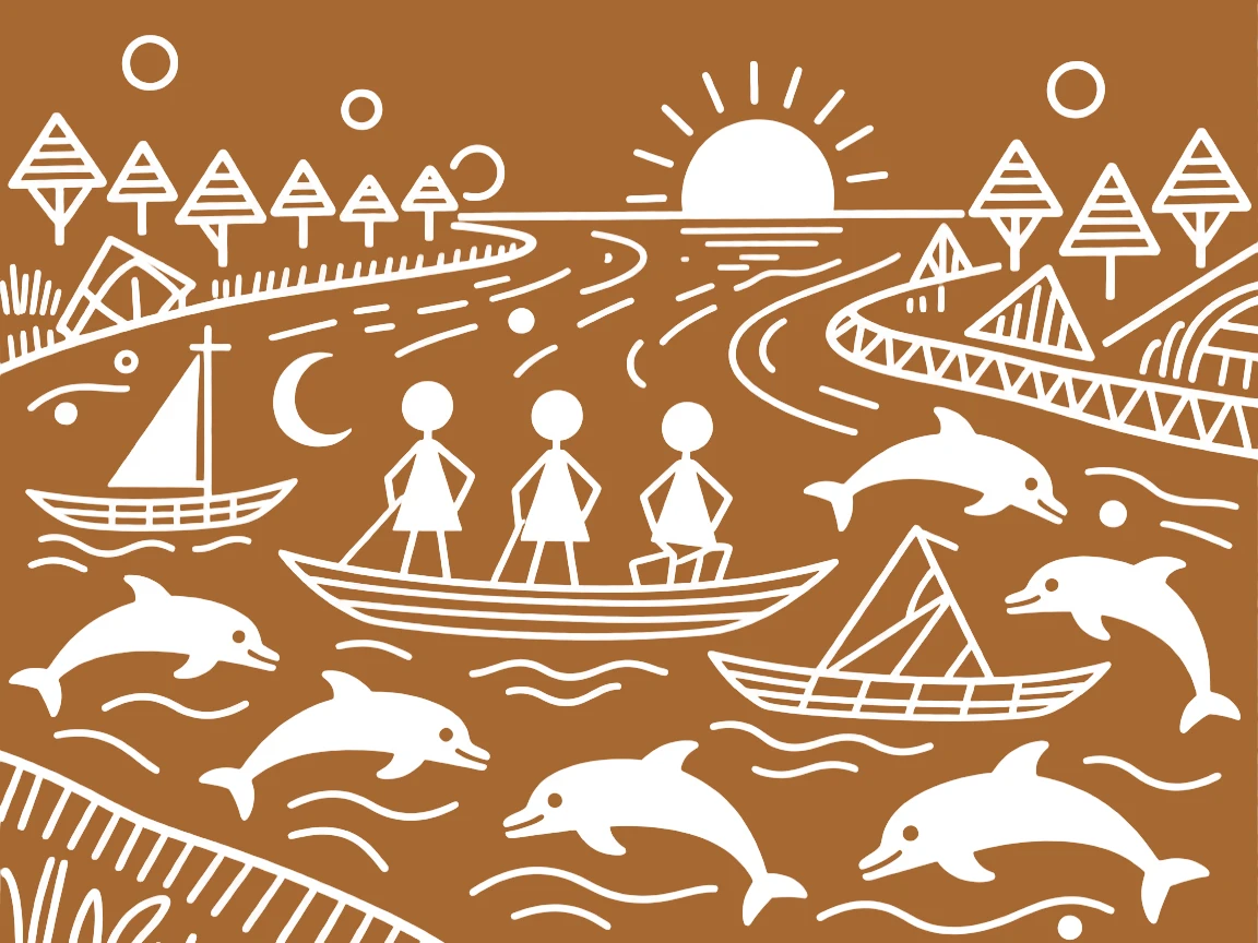 A group of fishermen's boats surrounded by dolphins crossing a wide river at dawn.
