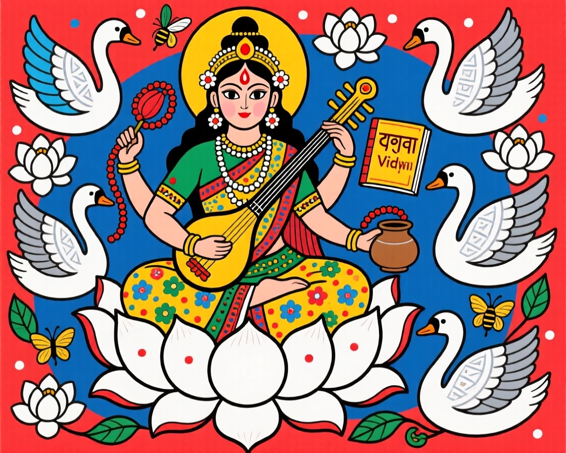 Saraswati surrounded by swans and blooming white lotus flowers.