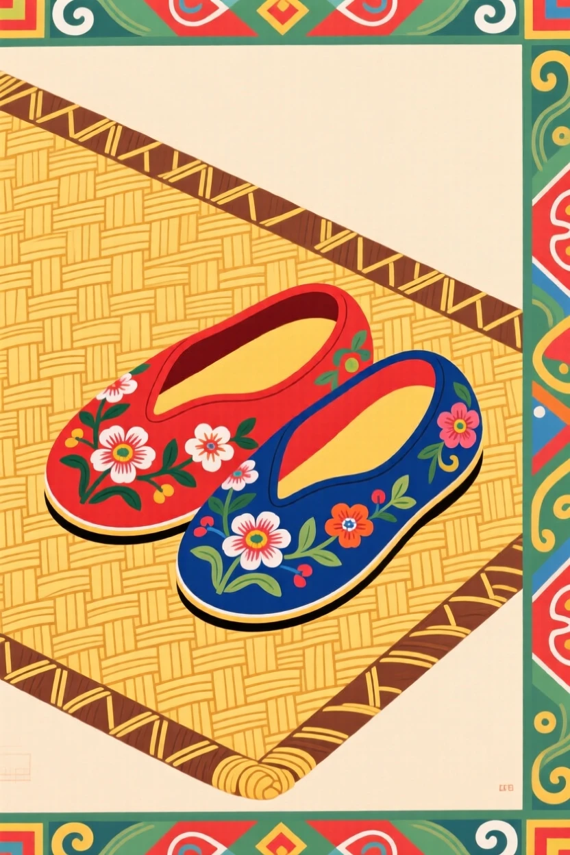 A pair of embroidered silk slippers set beside a woven straw mat.