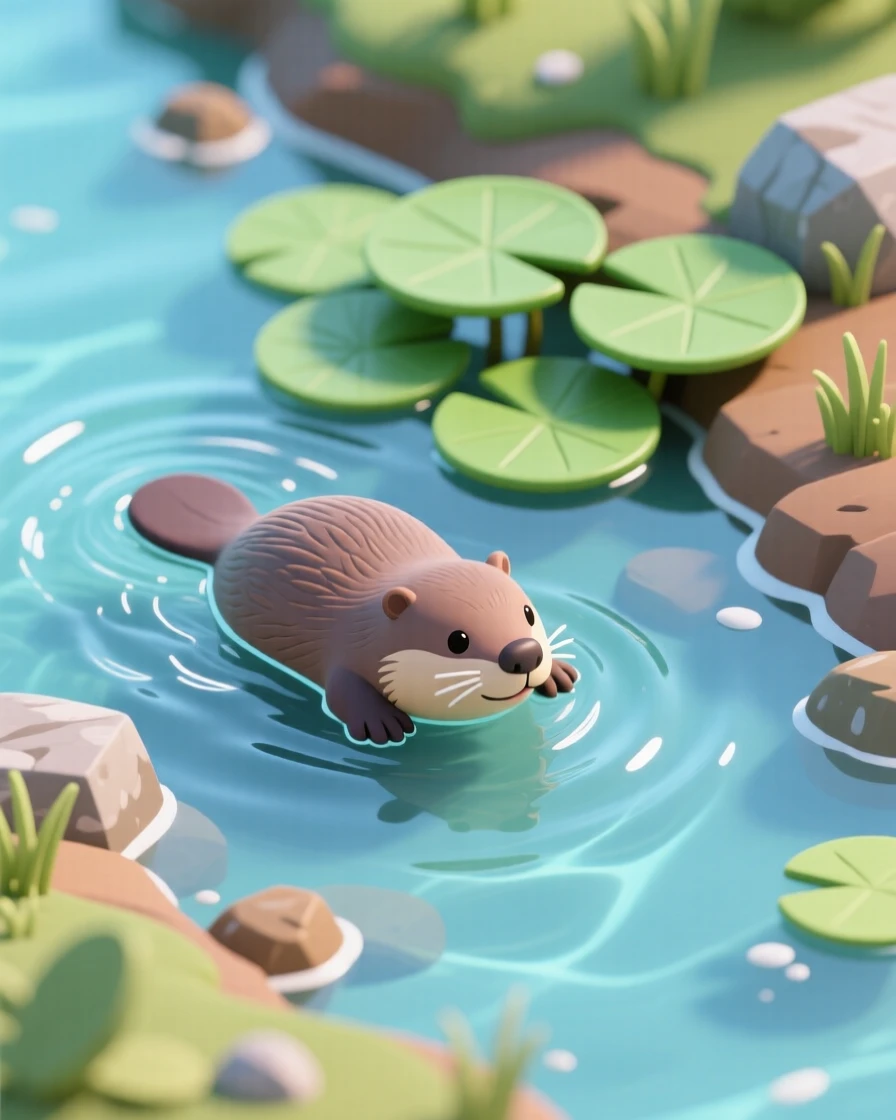 A curious platypus swimming through a quiet stream, ripples trailing behind as it dives beneath lily pads.