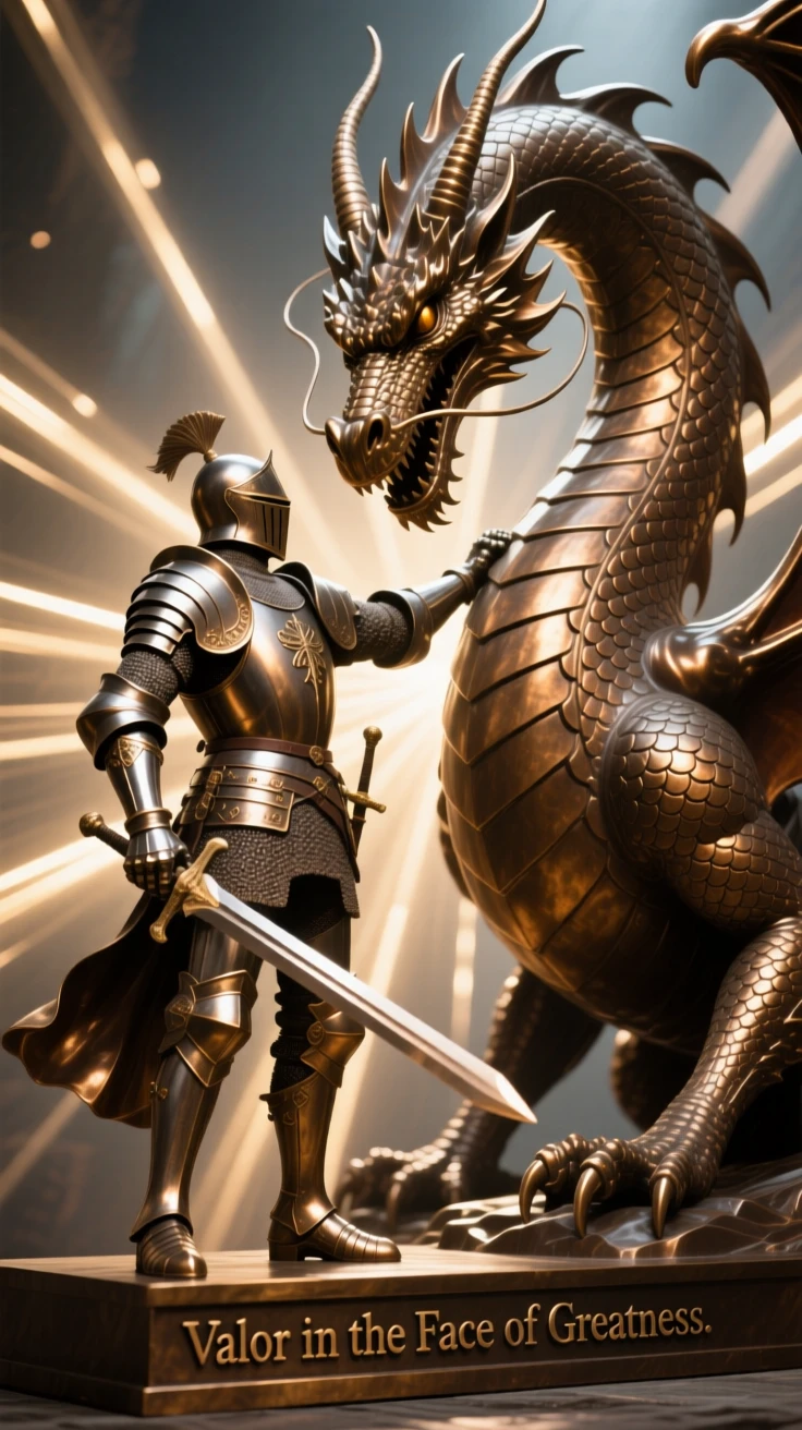 A knight facing down a colossal dragon, surrounded by radiant beams of light, radiating awe and grandeur