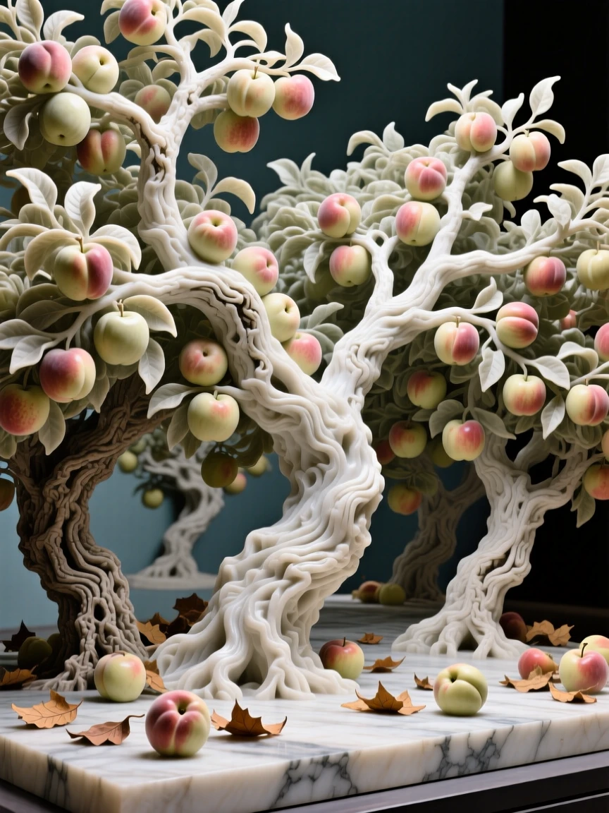 A sweeping, cinematic composition of an orchard heavy with ripe fruit, capturing the raw beauty of the natural world