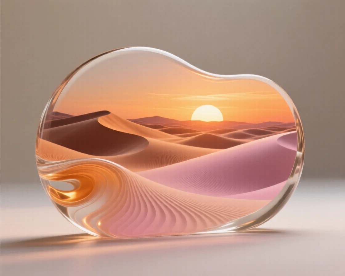A desert landscape with wind-carved dunes at sunset bathed in the warm glow of sunset, rich saturated colors, evoking a deep sense of wonder.