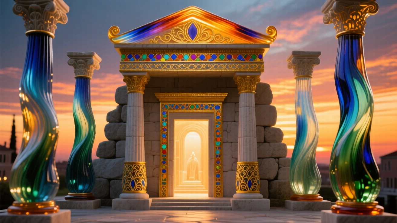 An ancient temple entrance framed by towering stone pillars at sunset, majestic and solemn.