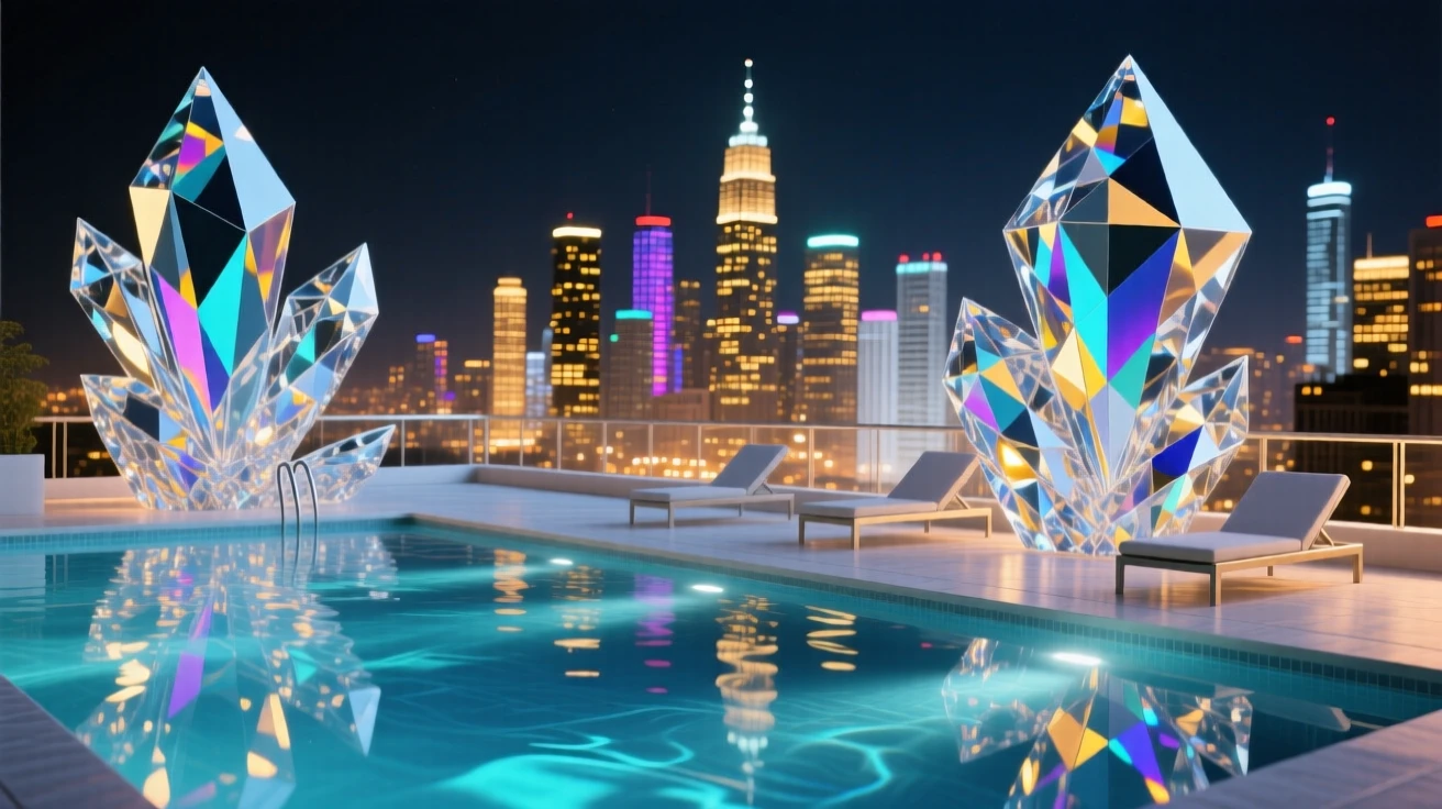 A luxurious rooftop infinity pool overlooking a glittering city skyline at night.