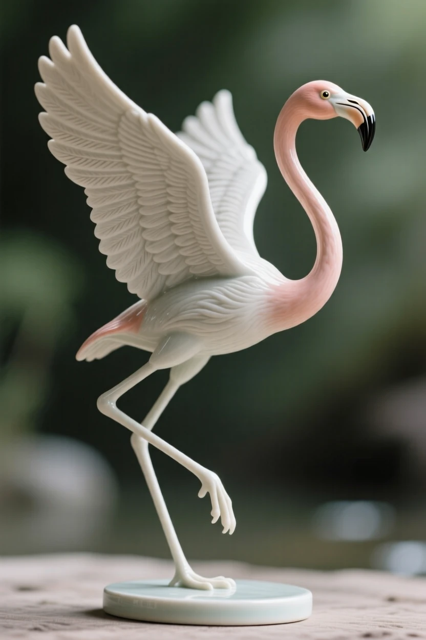 A flamingo standing on one leg captured mid-flight with wings fully spread, outlined against a soft-focus natural backdrop, radiating delicate, fleeting beauty.