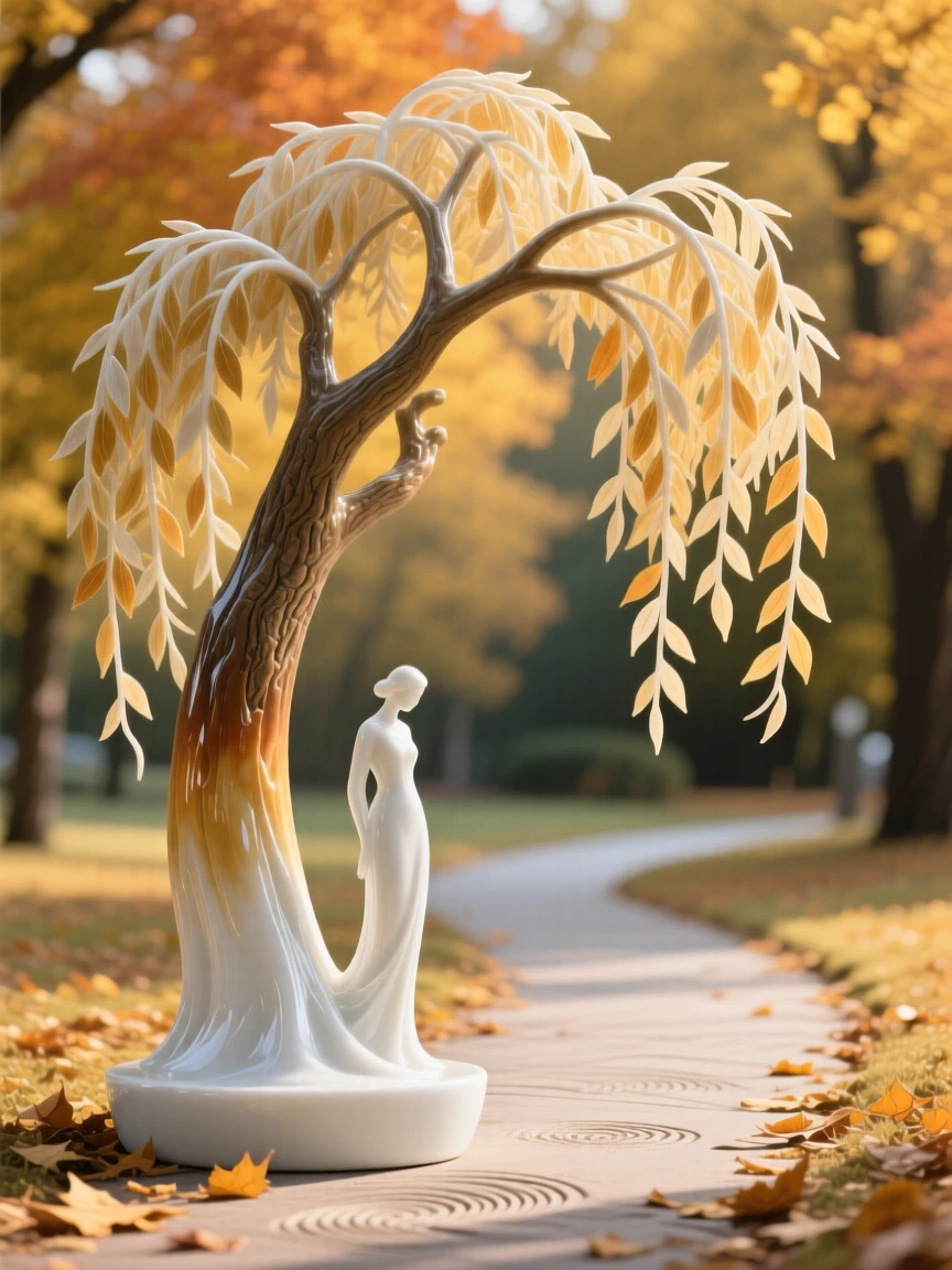 A towering willow tree arching gracefully over a quiet path in a golden autumn park.