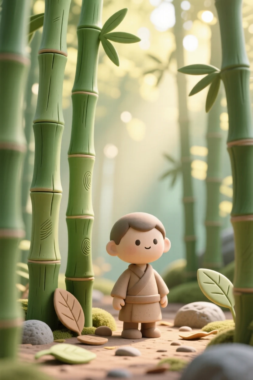 A quiet bamboo forest with sunlight filtering through tall green stalks