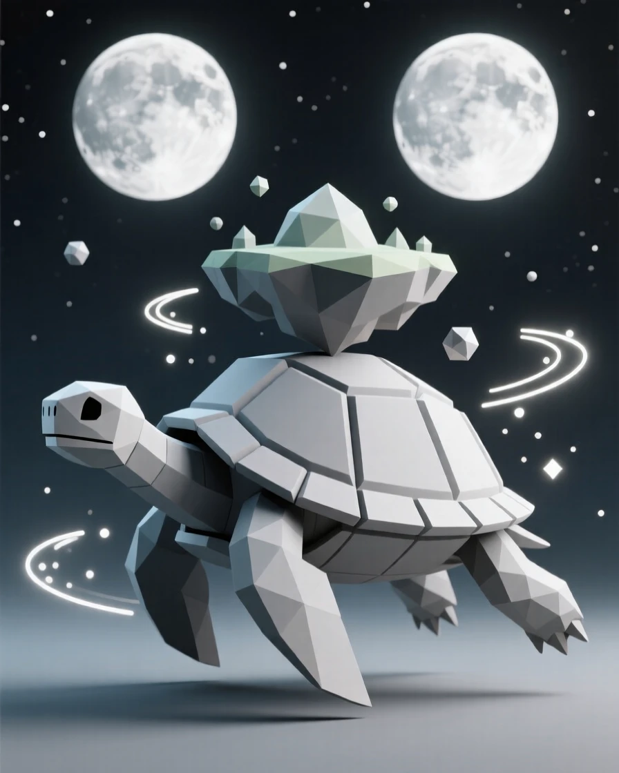 A colossal turtle carrying a floating island on its back, beneath twin moons glowing in the night sky. swirling particles of light drift through the air. There is an air of ancient mystery.
