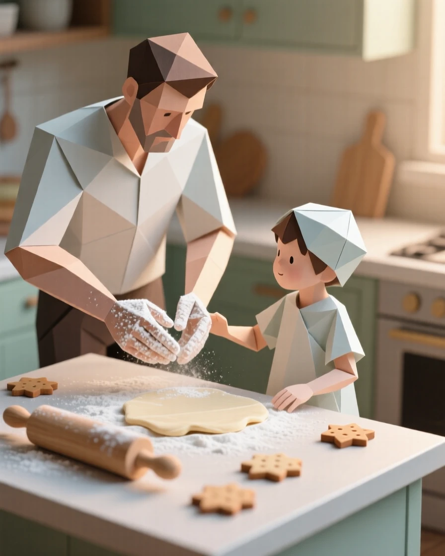 A father teaching his child to bake cookies, flour dusting both their hands.
