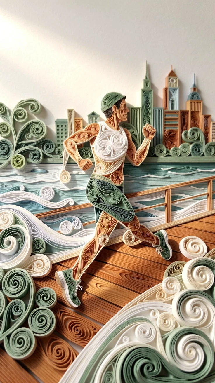 a runner jogging along a scenic city waterfront, on a breezy seaside promenade, framed with warm natural light streaming in, in a fresh palette of white, sage green, and warm wood tones.