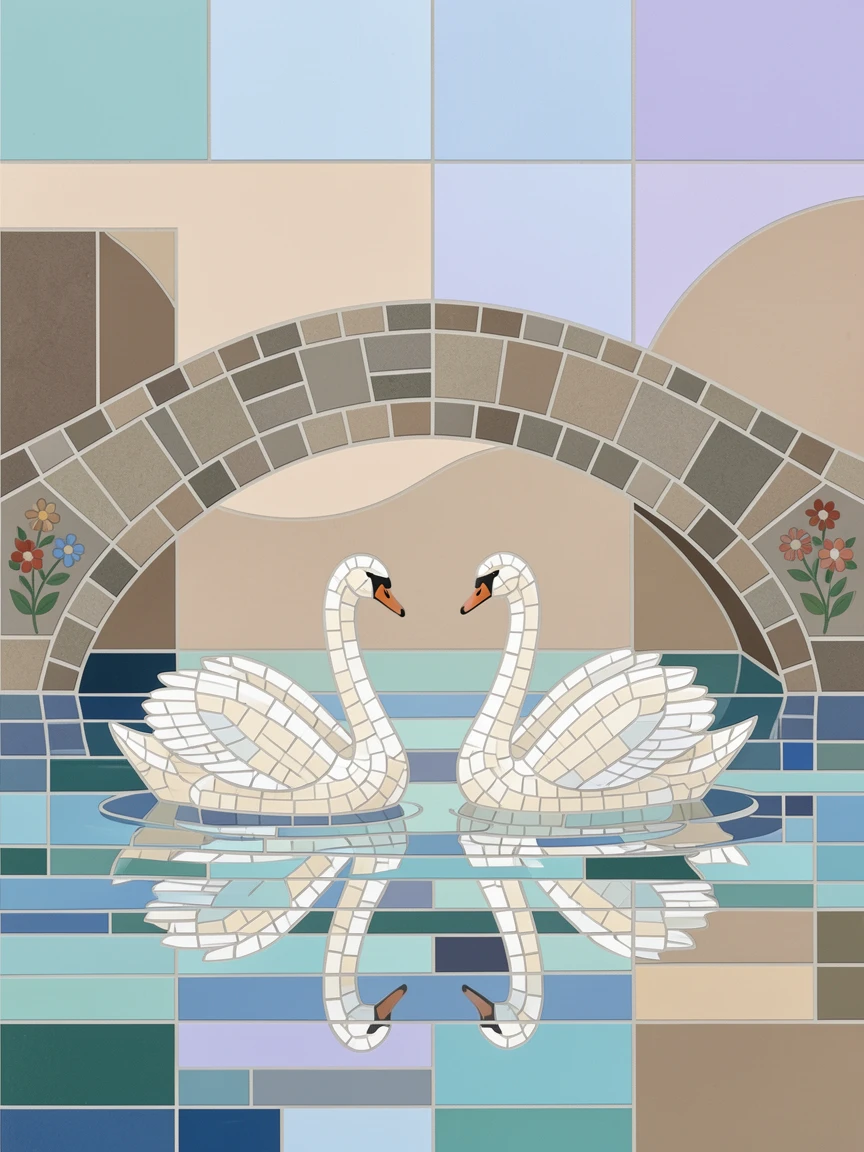 A peaceful pair of swans gliding beneath a stone garden bridge.