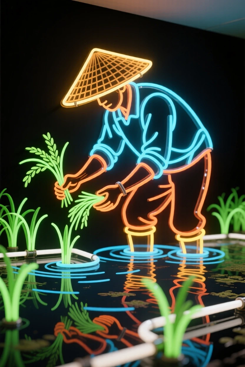 A rice farmer transplanting seedlings across a flooded paddy.