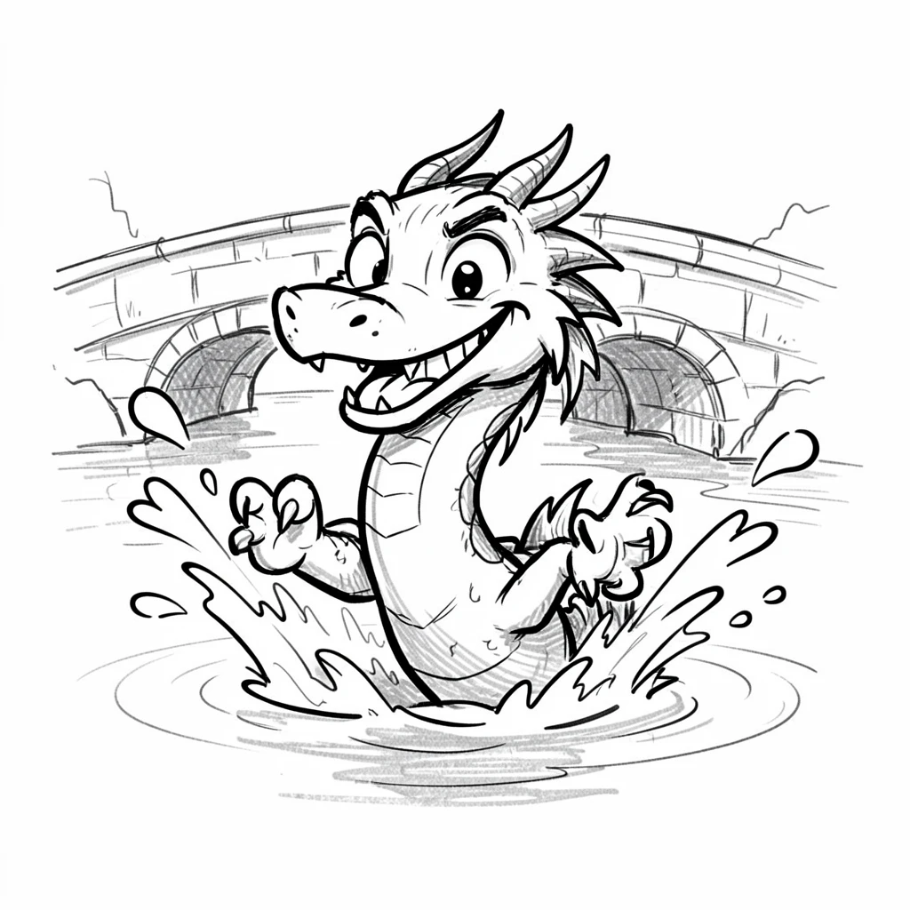 A dragon splashing in a lake like a playful dog beside an old stone bridge.