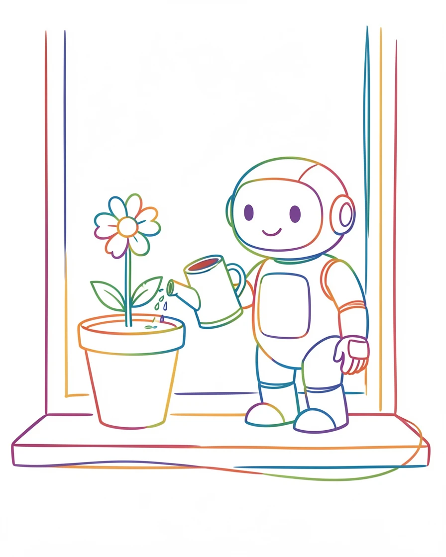 A tiny robot character watering a single flower in a pot on a windowsill.