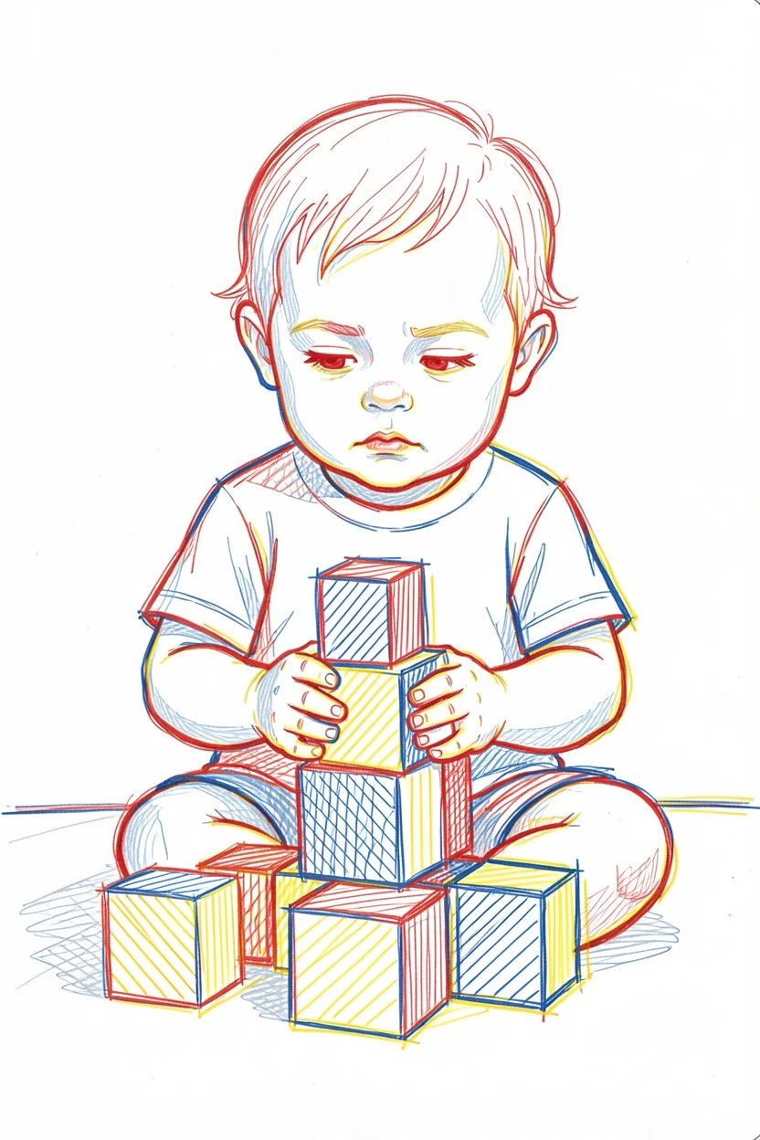 A toddler stacking colorful wooden blocks with intense concentration