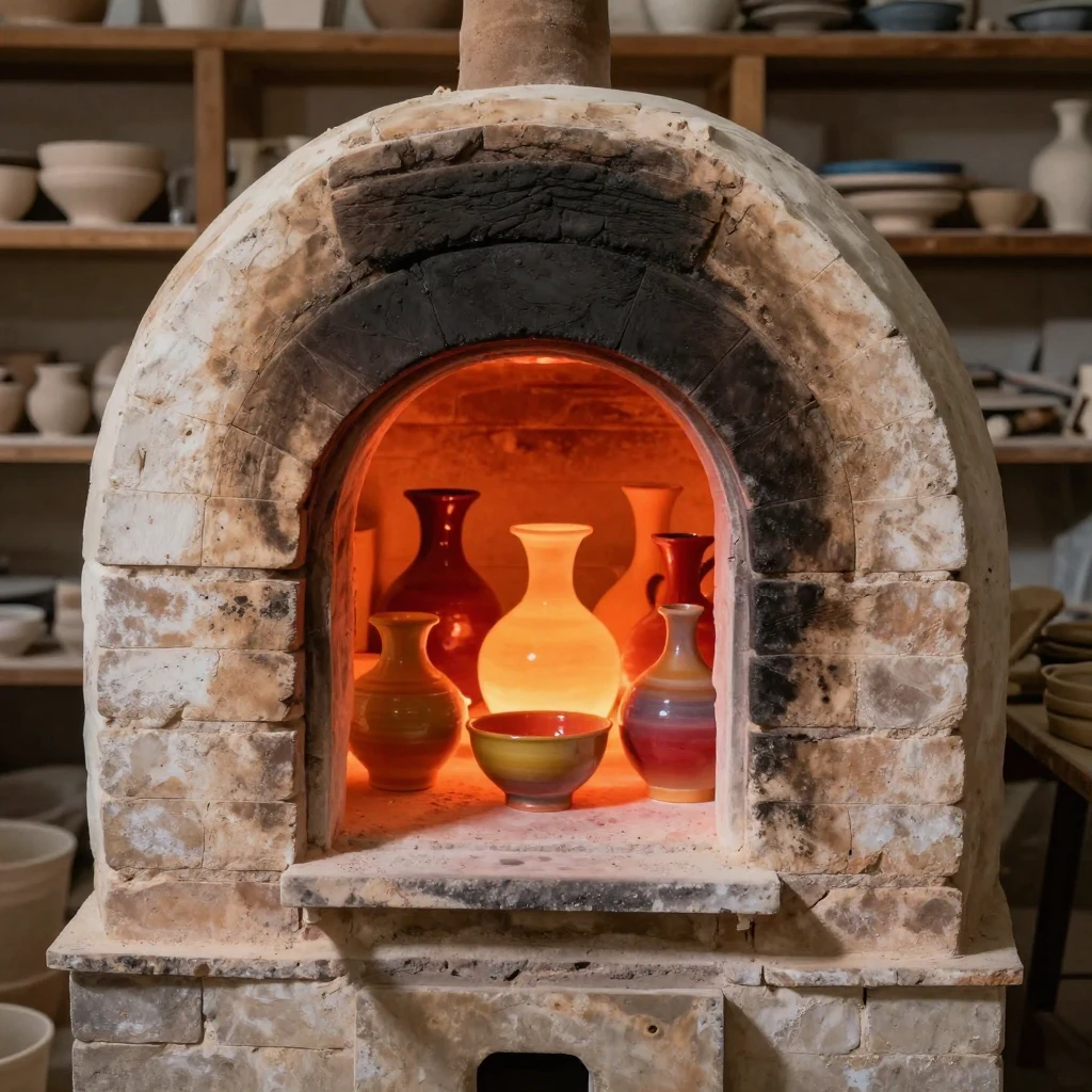 A traditional pottery kiln glowing with fired ceramics